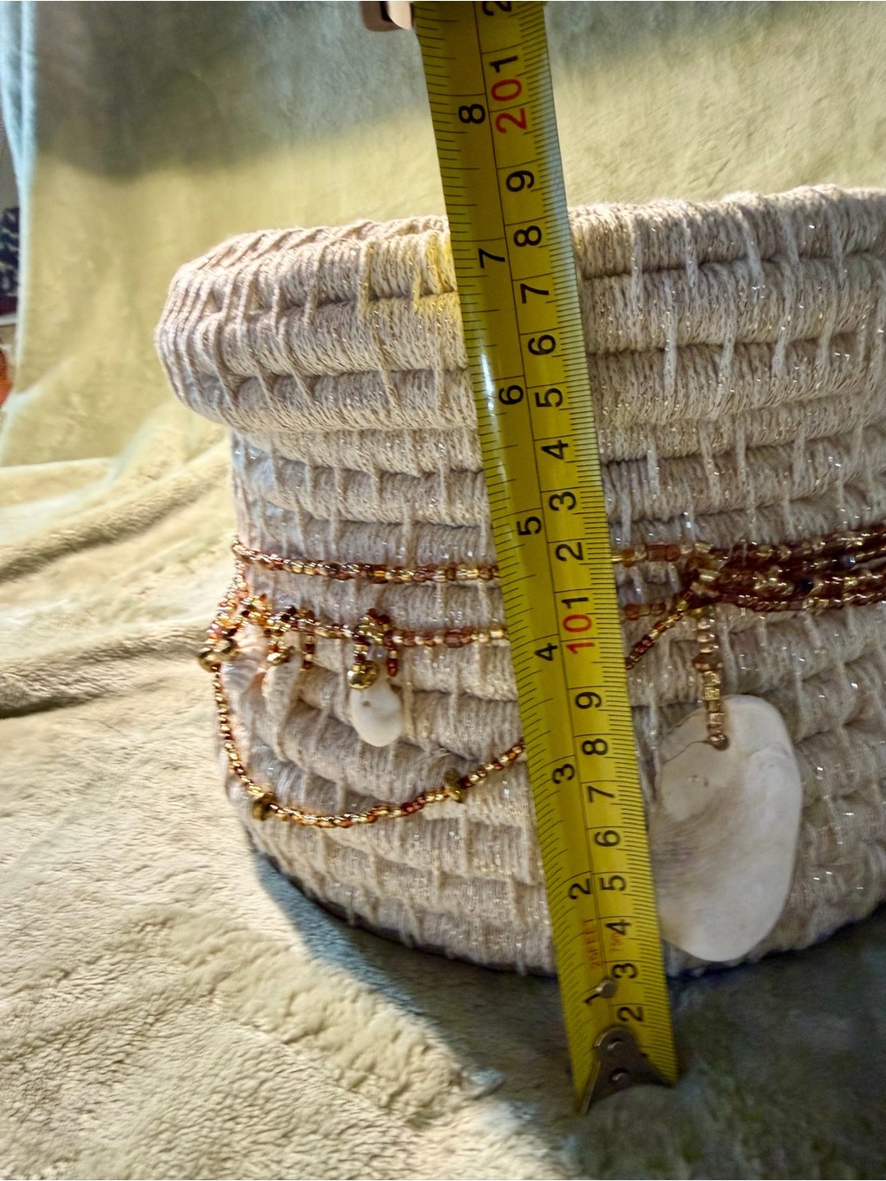 Handmade Art Coiled Basket  with Lid and embellishments of beading and shells - Picture 4 of 15